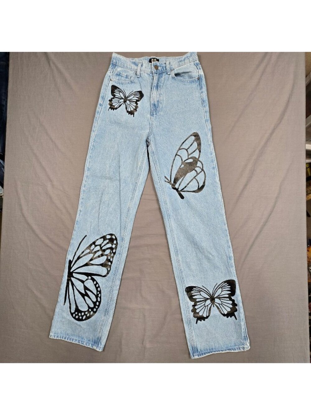 Simple Society Size 1 25 Y2K Jeans Black Butterfly Print Light Blue Wide Leg